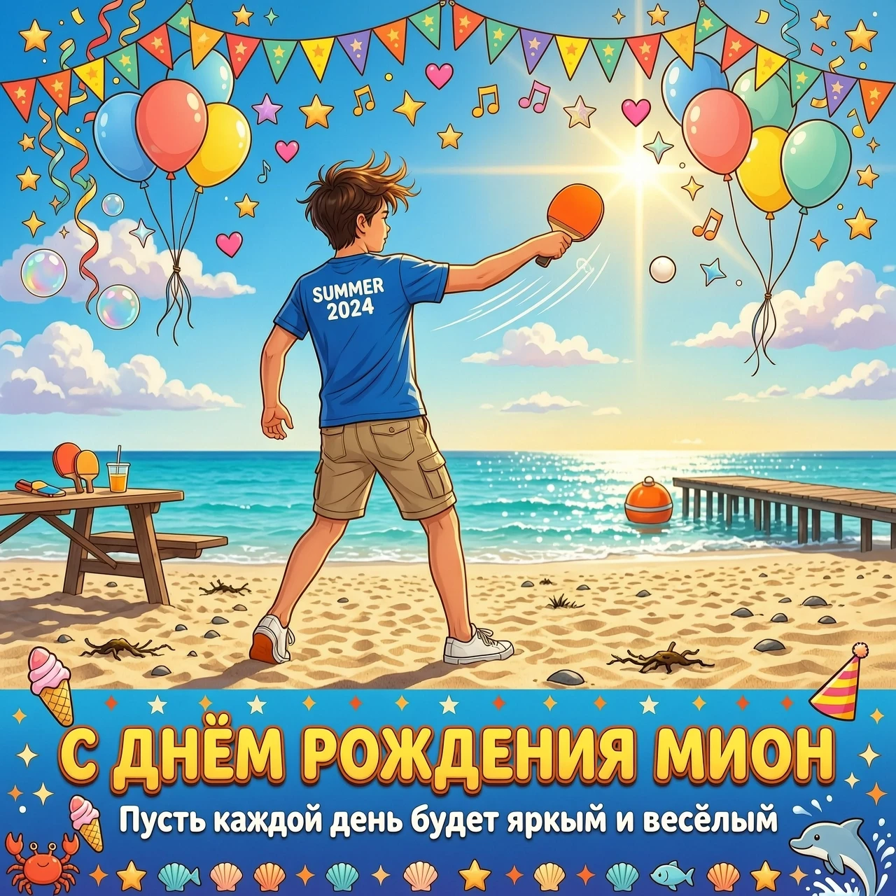 Подросток играет в настольный теннис на морском побережье.стоит спиной. Общий настрой картинки праздничный . Фото в стиле мультика надпись «с днем рождения мирон» . Без…