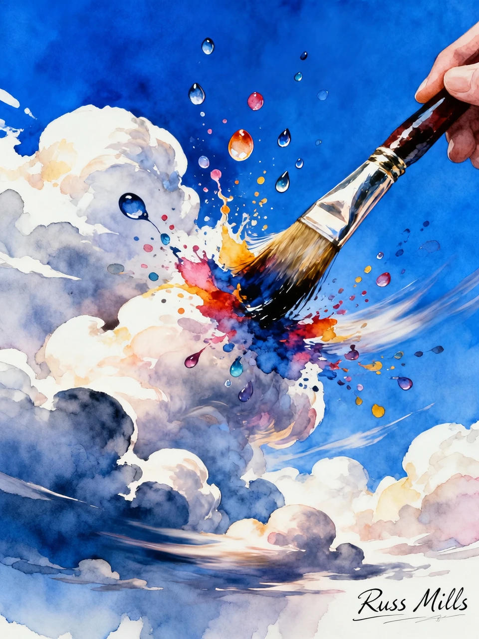 A masterpiece. As expected by artificial intelligence: (The artist shakes off a brush soaked in watercolor paint, and a bizarre, fantastic drawing appears in the sky, made using…
