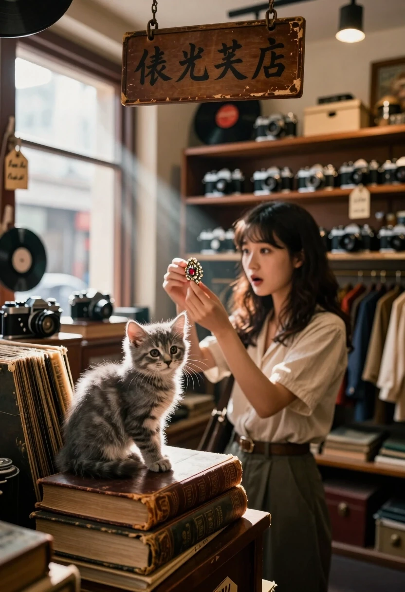 Photorealistic, 8K, cinematic. A small vintage shop with a worn wooden sign and handwritten price tags. The shelves are filled with old cameras, vinyl records, and vintage…
