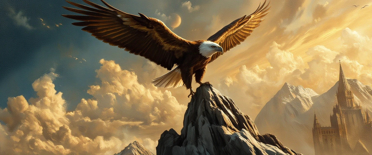 A masterpiece. Oil painting. A proud eagle soars above the peak. Increased attention to small details. Close-up. Danish angle. Octave filter. High resolution. 8K. Style: Vrubel,…