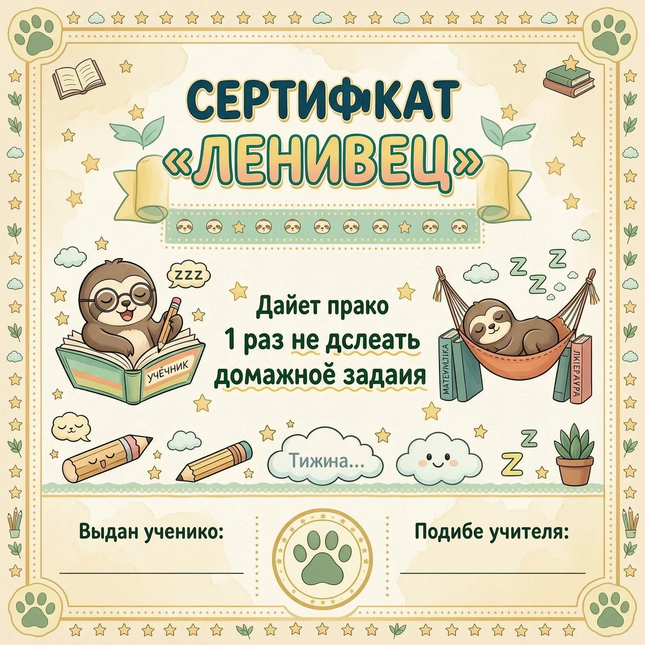 Вертикальный подарочный сертификат формата А6 в стиле школьной награды. Декоративная рамка из тёплых пастельных тонов: бежевый, мятный, светло-жёлтый. По центру сверху крупными…