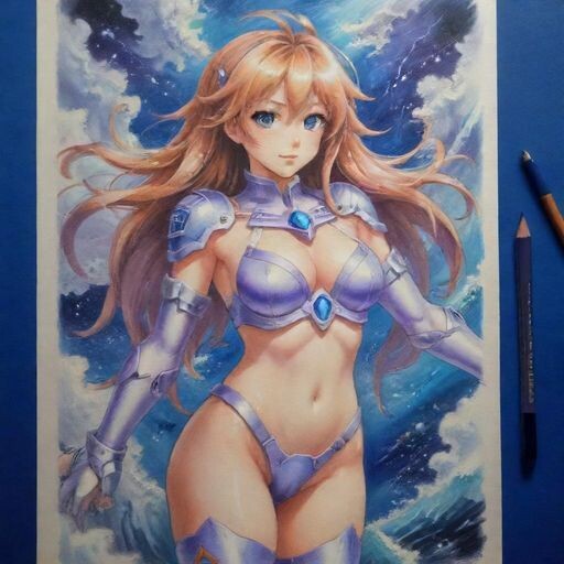 Neptunia-woman, full height, (style Hyperdimension Neptunia: 1,2),open torso, blue storm background — работа пользователя Новаторская Симметрия