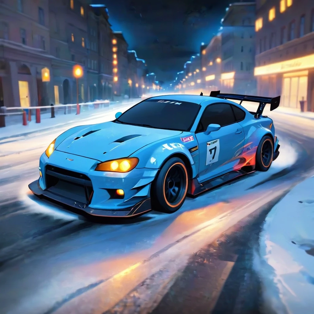 A racing drift car on the road in Saint Petersburg. Neon, snow, vibe, light tones. Realistic — работа пользователя Искрящаяся Лава