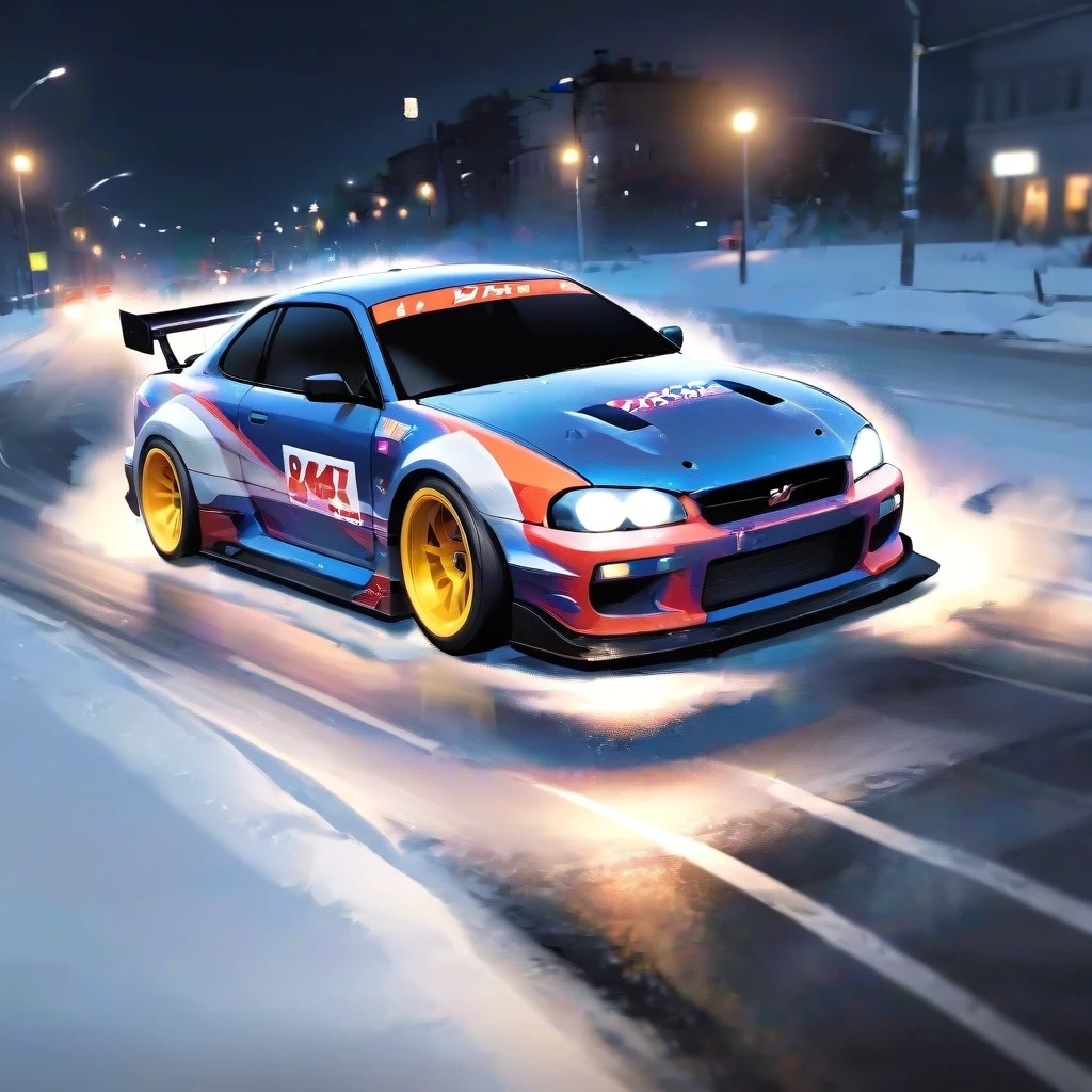 A racing drift car on the road in Saint Petersburg. Neon, snow, vibe, light tones. Realistic — работа пользователя Искрящаяся Лава