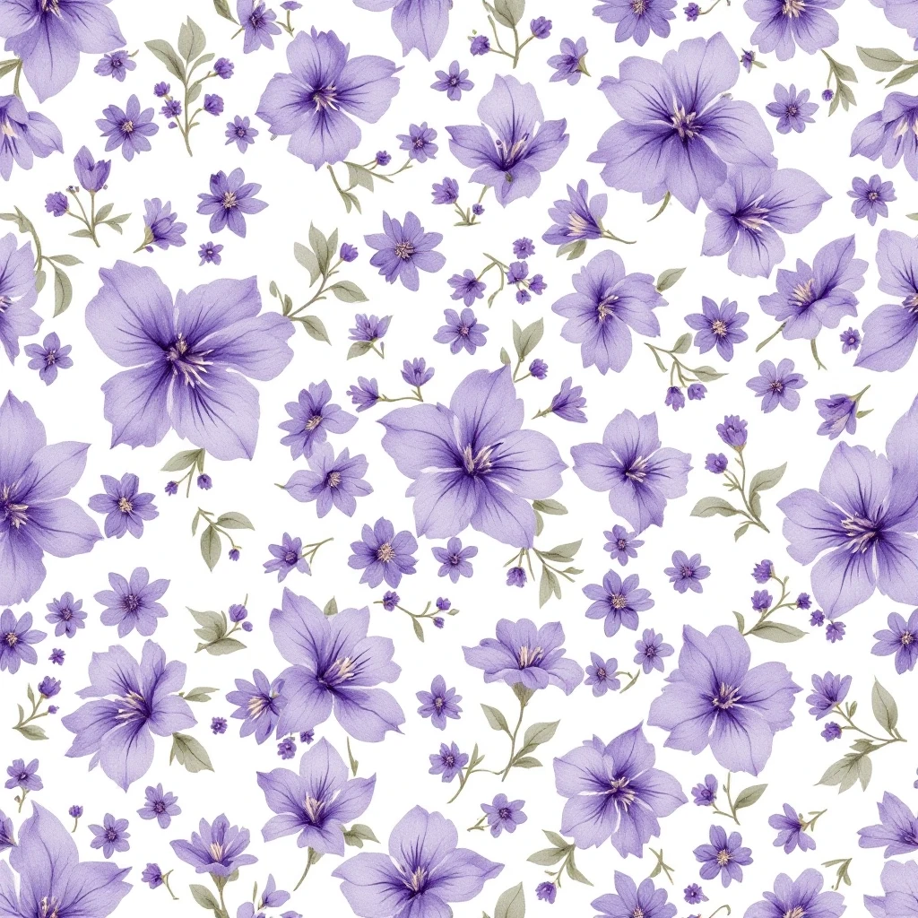 millefleur seamless pattern, tiny violet bouquets, dynamic scattered layout, rotated in various directions, half-drop repeat 1/3 offset, watercolor with thin line contour,…