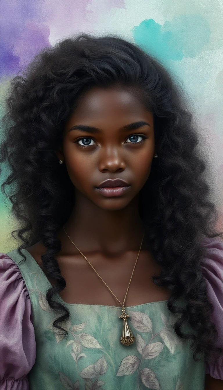 Photorealistic portrait. A young mulatto woman with luxurious, long, curly dark brown hair and delicate, realistic, dark skin. Blue eyes. A thin chain with a pendant around the…