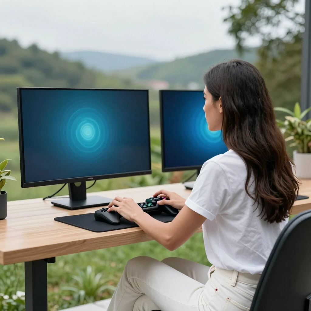 Woman playing computer game. Dark long hair, white jeans, white t-shirt. Nature — работа пользователя Могущественный Танец