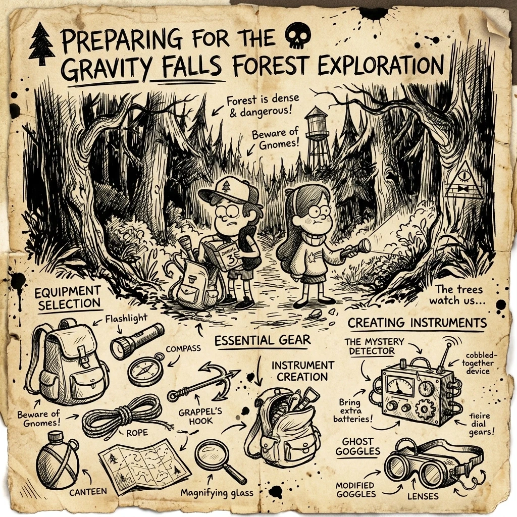Detailed ink illustration from Gravity Falls Journal 3: Preparing to explore the forests of Gravity Falls, creating instruments, and selecting equipment. Style: hand‑drawn,…