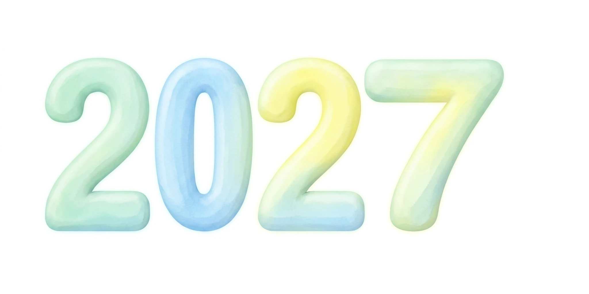 17) Крупные, чёткие объёмные цифры «2027» на изолированном чистом белом фоне. Каждая цифра «2», «0», «2», «7» написано идеально правильно и разборчиво. Мягкие округлые формы.…