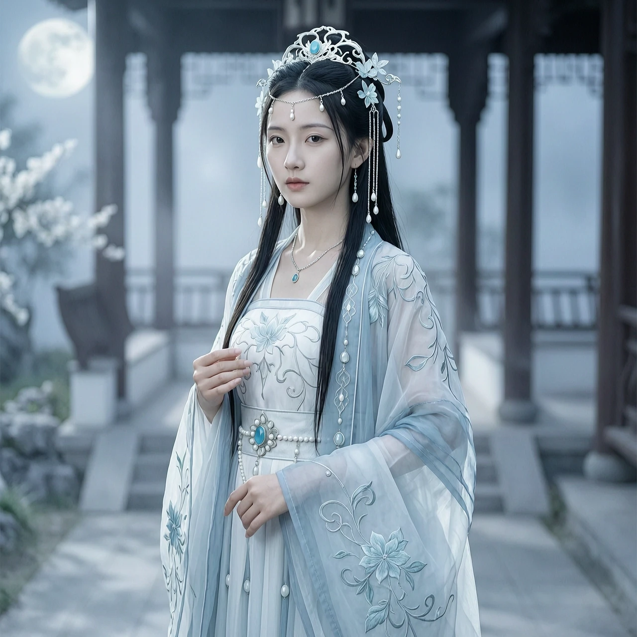 生成古风写真：白月凝霜 9:16 竖版人物：20-28岁年轻东方淡颜系美人女性，高精度清冷仙气古风精修写真风格，具有自然明确特征，不幼态化，五官耐看，肌肤呈冷白瓷感，细腻透亮莹润但不过度暖白发光。丹凤眼，眼尾微微上扬，眼睛清亮有神，眼神平静克制，带轻微疏离感，不甜笑、夸张，只保留柔和而空灵的古偶女主气质。鼻梁秀气，唇形柔软自然，唇色冷调淡粉。黑长直秀发半直…