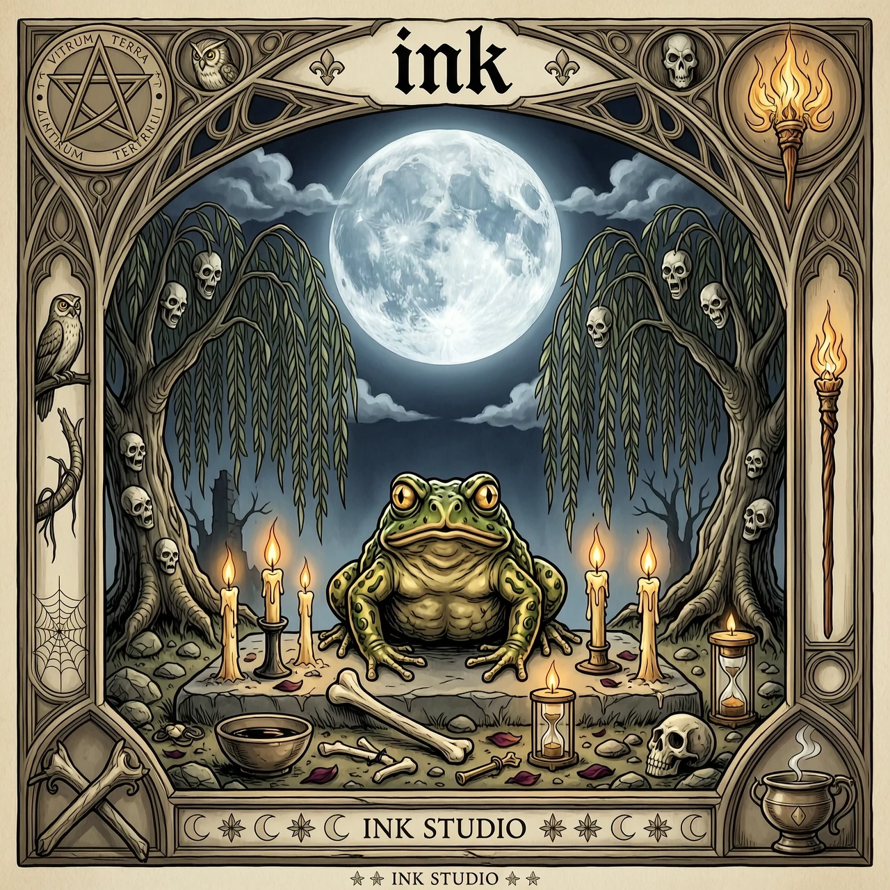вместо слова studio пишем слово ink. Стиль обрамления рамки карты готический, ведьмовской, магический. В углах карты размещены масти: пентакли, жезлы, мечи, кубки. Деревья…