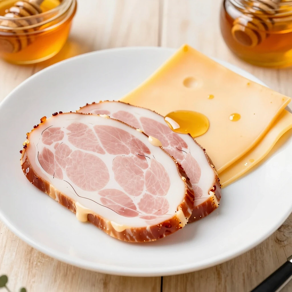 drawing sliced meat and cheese with honey on a plate — работа пользователя Роскошный Порыв