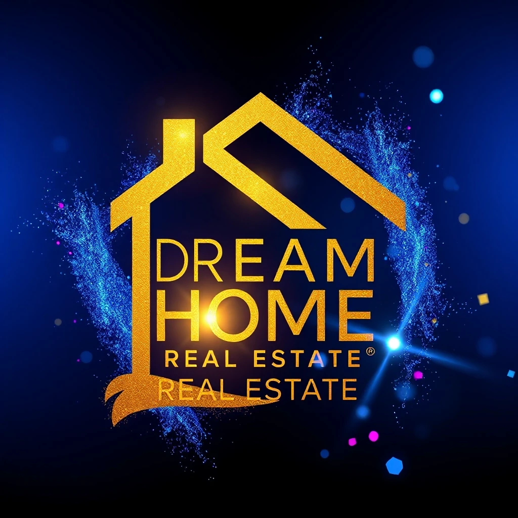 Логотип: Dream Home Real Estate (вместо лица) Фон: глубокий космос или темный градиент от темно-синего к синему электрику Элементы: мерцающие переливающиеся голубые блестки и…