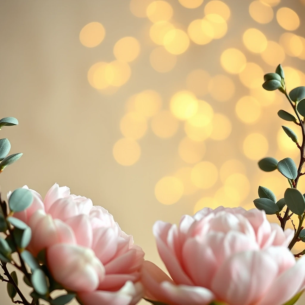 Warm and tender holiday greeting composition. Soft golden bokeh lights glowing in the background, delicate pastel flowers — peonies and eucalyptus branches — framing the edges.…