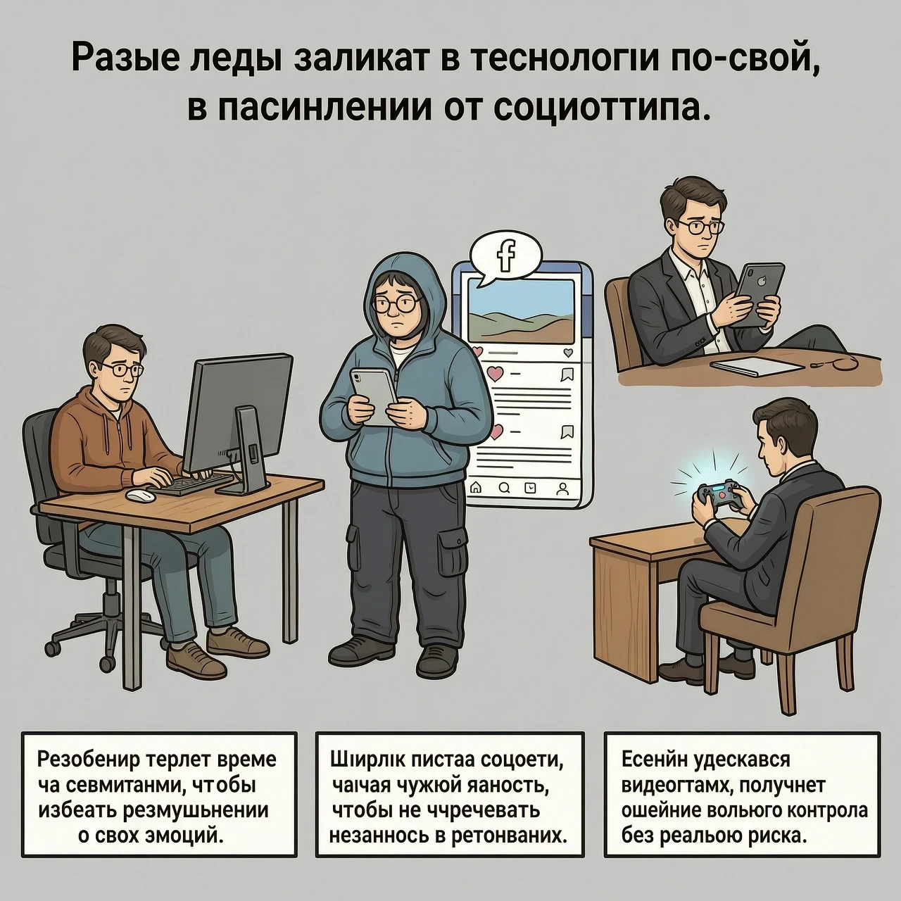 Сделай картинку для поста: Разные люди залипают в технологии по-своему, в зависимости от социотипа. Робеспьер теряет время за сериалами, чтобы избежать размышлений о своих…