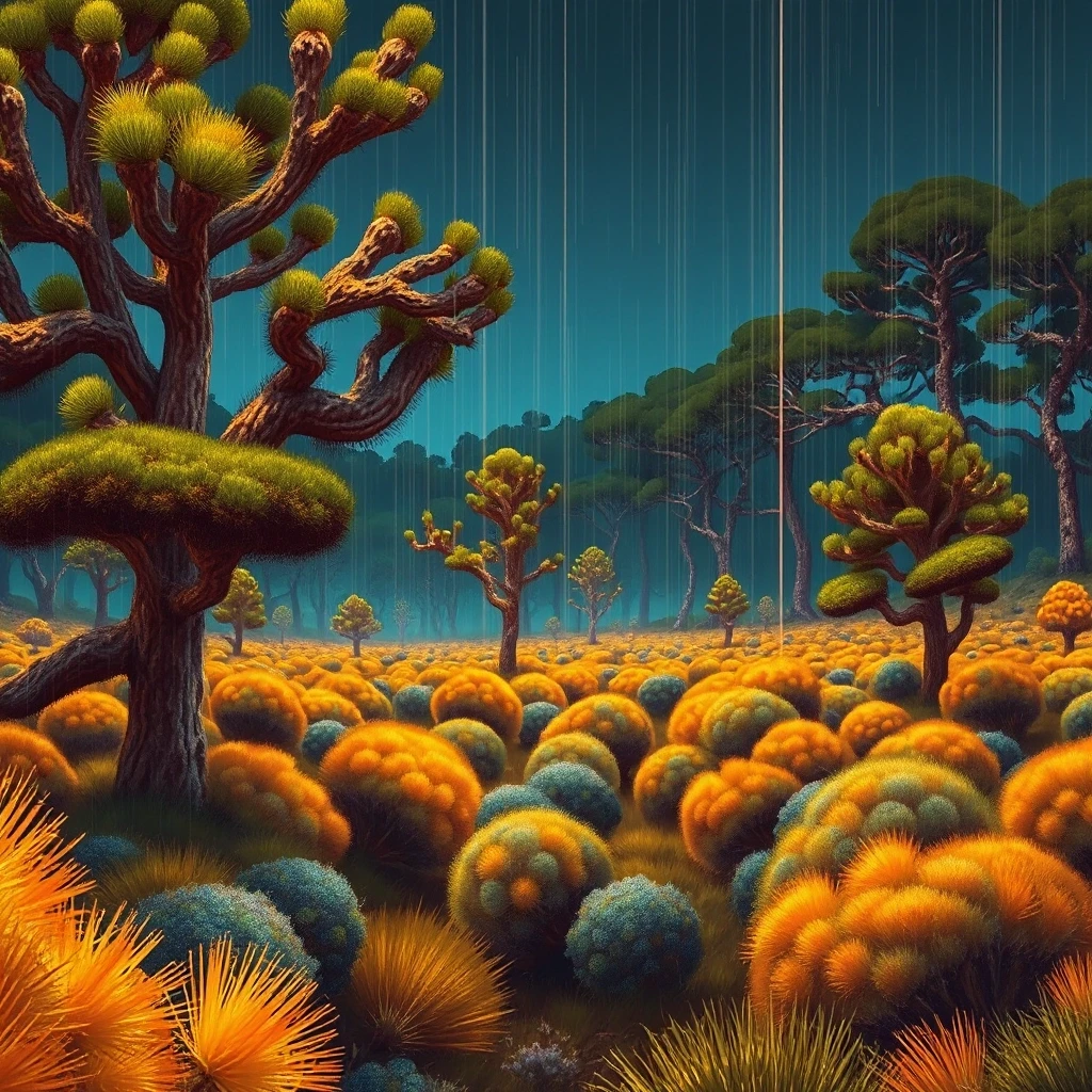 woods, landscape of a (Shrub-Steppe:1.1) , it is Illuminated, Raining, Neon Light, by Ronald Wimberly, Paul Rand, futuristic, cyberpunk, highly detail, enhanced quality, dynamic…