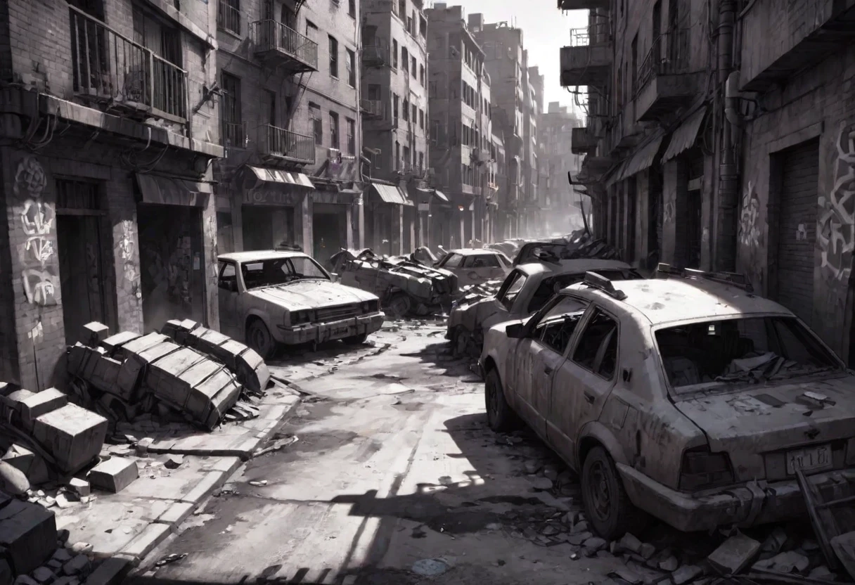 A grimdark cyberpunk slum, neo-noir, monochrome, gritty texture, high contrast chiaroscuro lighting, in the style of a Warhammer 40k animatic or motion comic. A desolate street…