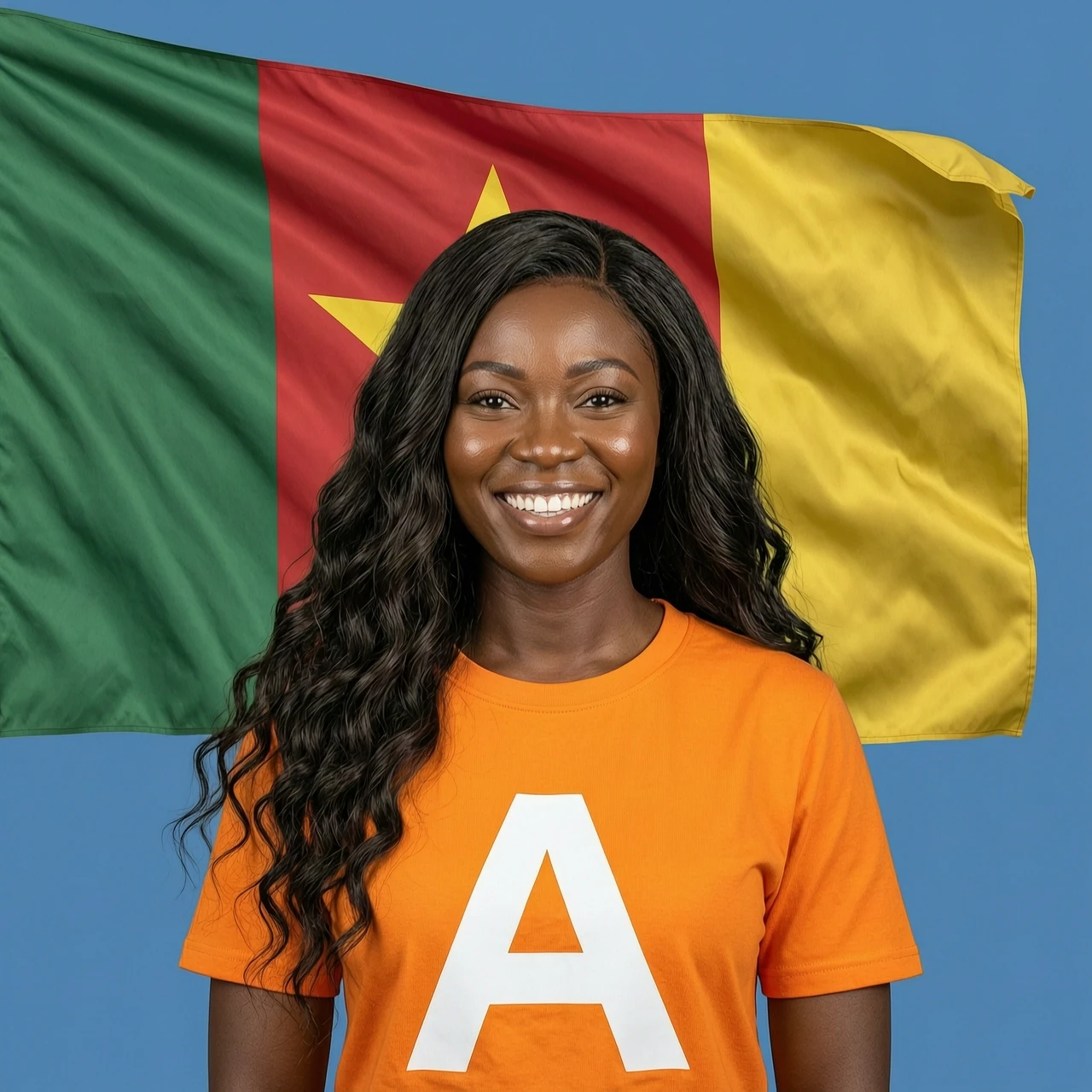 Realistic portrait of a beautiful smiling African woman with long dark wavy hair . She is wearing a bright orange t-shirt with a large white letter "A" logo on it. In…