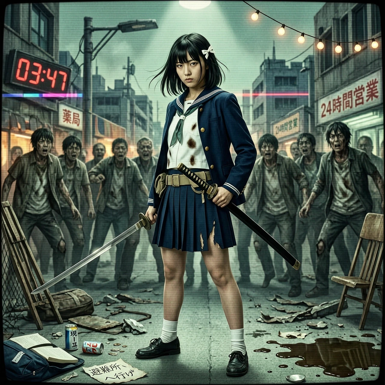 19 yo,school uniform girl ,hand katana, preparation for battle zombies,vhs retro game, fighting vs zombies, — работа пользователя Изысканный Интерферометр