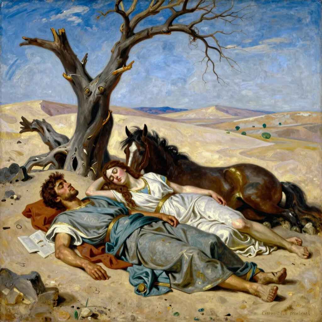 Oil painting, ancient times of Greece, a young man of 20 years old and a girl of 18 years old, lying unconscious on the sand, next to a dried tree and a fallen horse, around the…