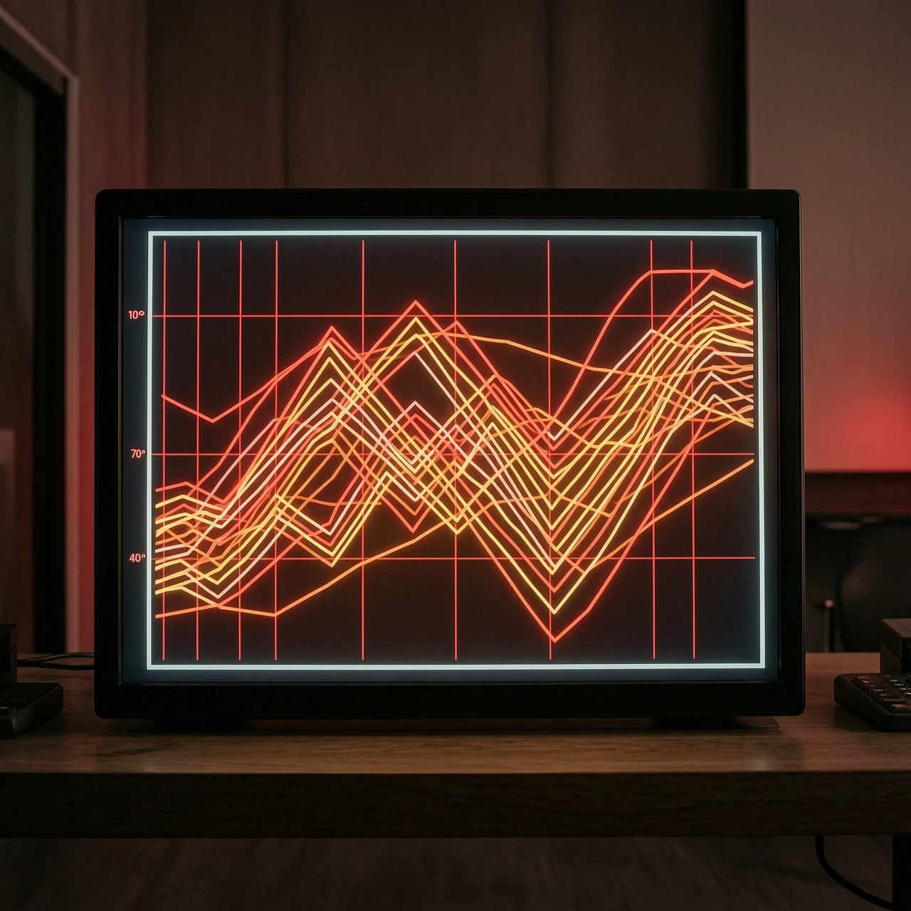 Minimalist cinematic scene, a glowing screen with a cluttered and chaotic chart showing dozens of overlapping lines and indicators, neon red and amber lighting, symbolizing…