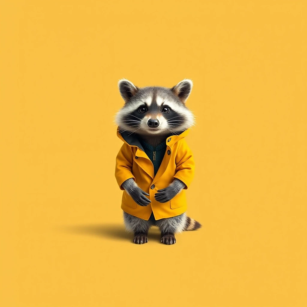 Draw a symmetrical frontal frame in the style of Wes Anderson for the A6 format. In the center is a full—length raccoon, he stands quietly, wearing a miniature mustard yellow…