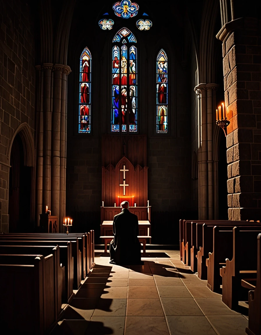 A symbolic scene inside a vast Gothic church. A man sits alone on a wooden pew opposite the confessional, his head lowered. Behind him, candlelight projects an enormous shadow…