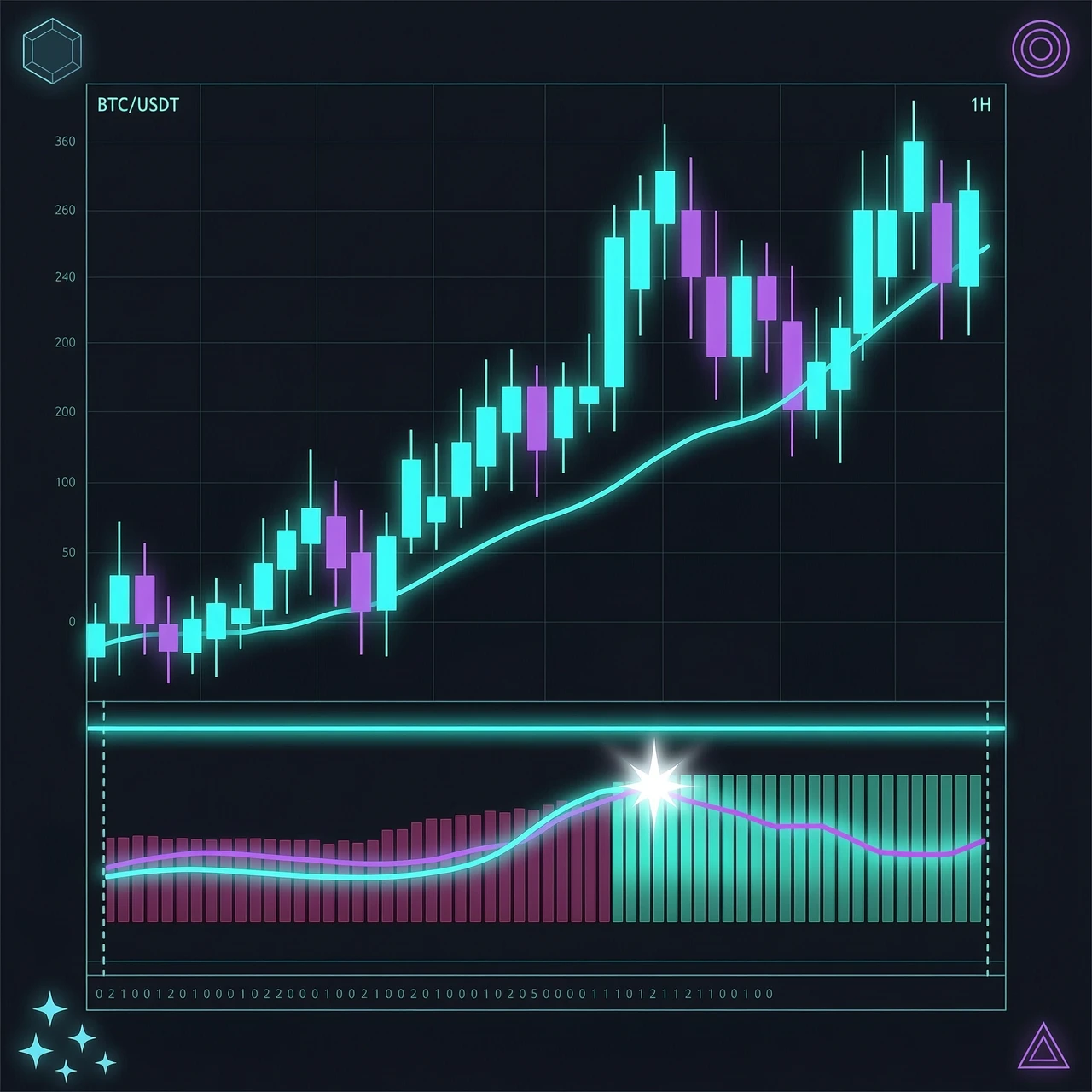 Create an image for a post in the style of a stock market terminal. Format: square 1080x1080. Dark background (#0a0e17). In the upper part - a candlestick chart with an upward…