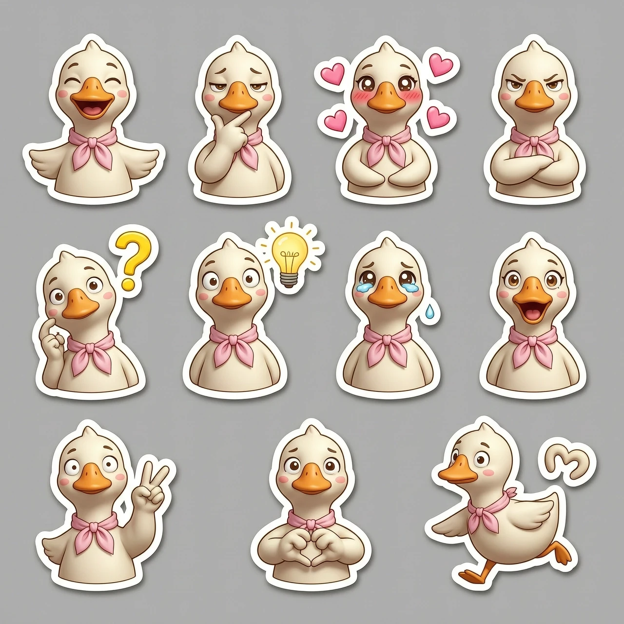 Sticker pack sheet of a cute goose character, 3D cartoon style, high-quality render, C4D, Octane Render. The character has a rose handkerchief. The set includes multiple…