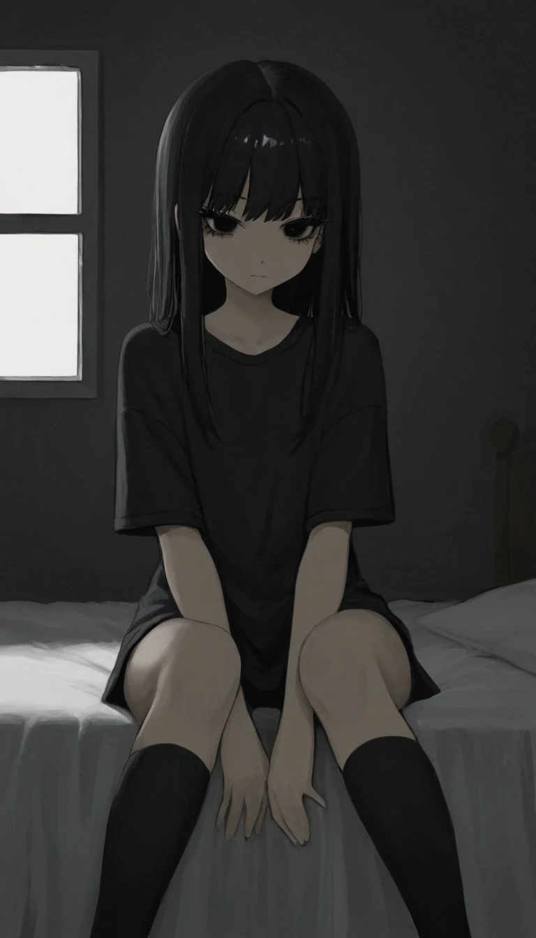 темная комната с окном. милая anime moe девушка. черные волосы средней длины. черные глаза. черные ресницы. черная длинная футболка черные чулки носки. низкорослая с плоской…