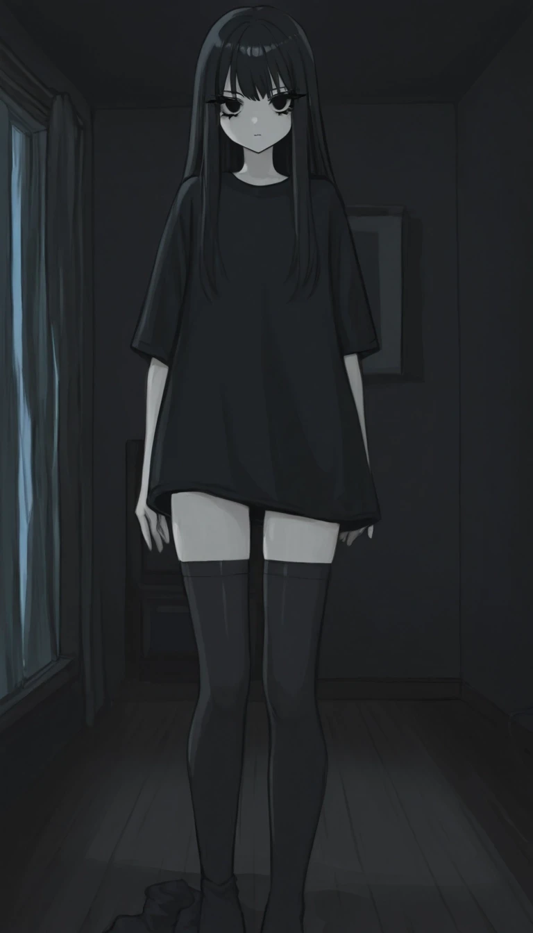 темная комната с окном. милая anime moe девушка. черные волосы средней длины. черные глаза. черные ресницы. черная длинная футболка черные чулки носки. низкорослая с плоской…