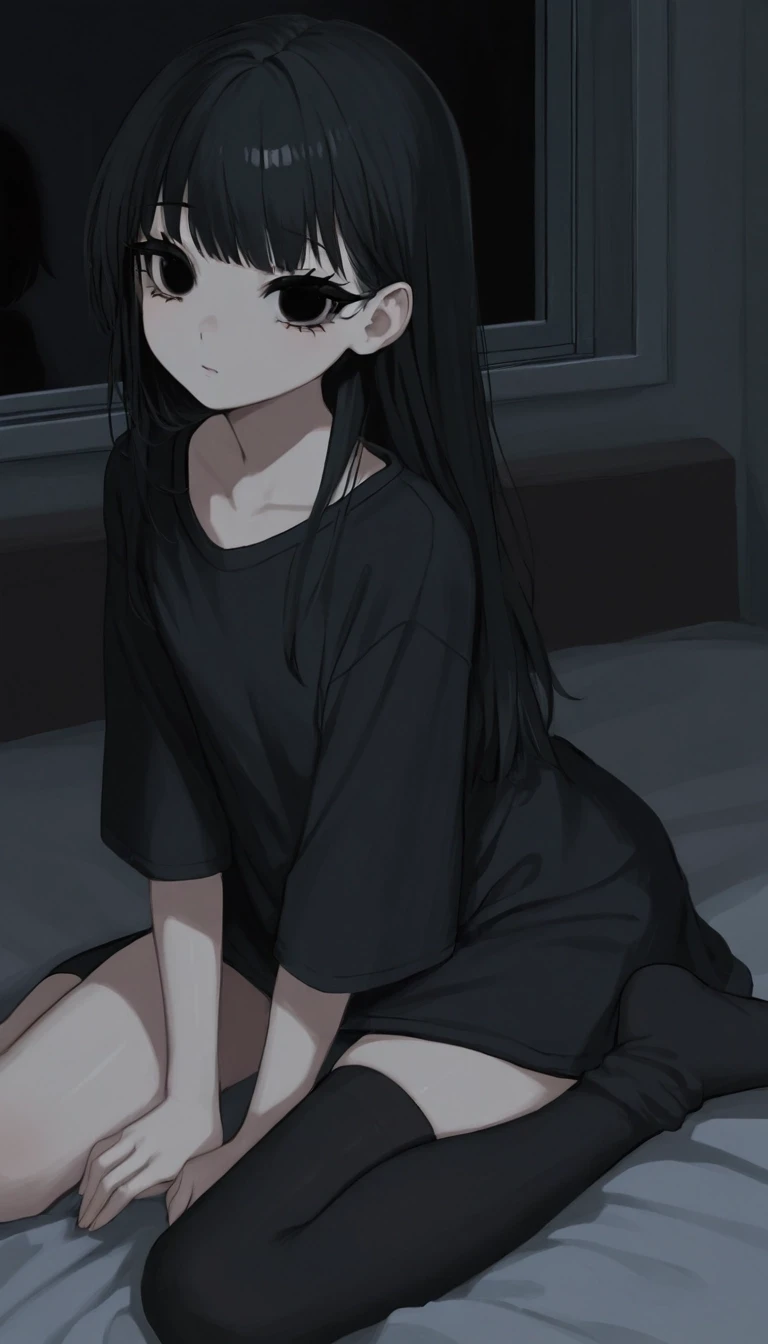 темная комната с окном. милая anime moe девушка. черные волосы средней длины. черные глаза. черные ресницы. черная длинная футболка черные чулки носки. низкорослая с плоской…
