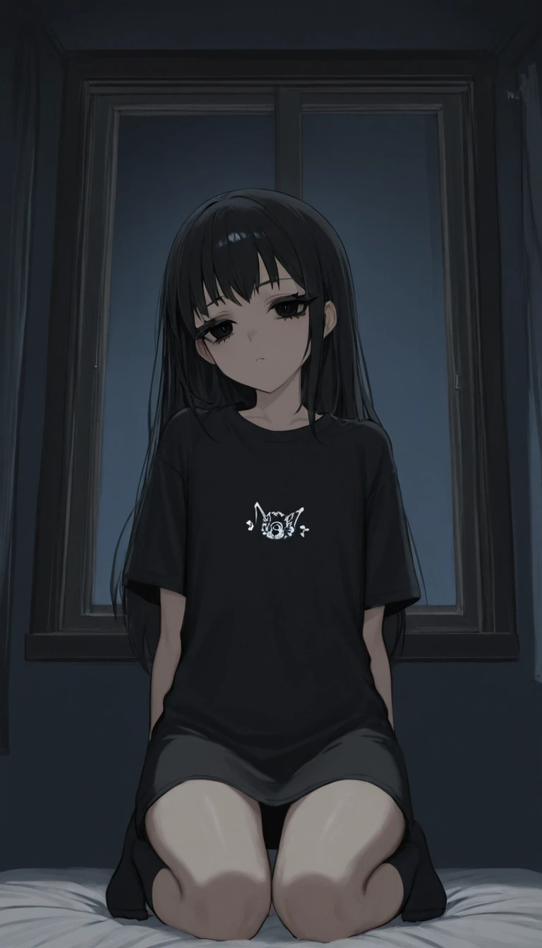 темная комната с окном. милая anime moe девушка. черные волосы средней длины. черные глаза. черные ресницы. черная длинная футболка черные чулки носки. низкорослая с плоской…