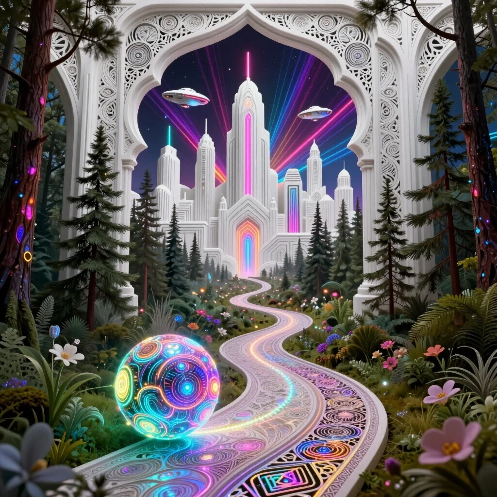 Background: a winding path leading from the forest to a white city. In the middle and far distance, a street in a futuristic ornamental white city with a thrilling triphobic…
