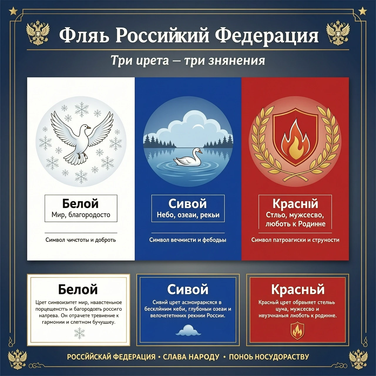 Создай картинку с флагом РФ. где будет обозначение цветов. Белый-мир, благородство Синий-небо, озера, реки Красный-сила, мужество, любовь к родине — работа пользователя…