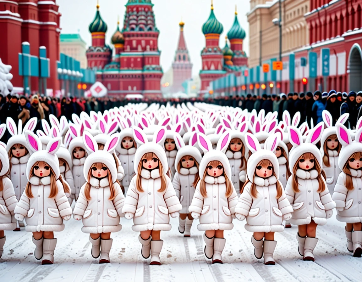 Cute kawaii chibi-style anthropomorphic bunny girls marching in dense multiple parallel rows on snowy Red Square in Moscow. Many ranks of adorable chibi rabbit girls with big…