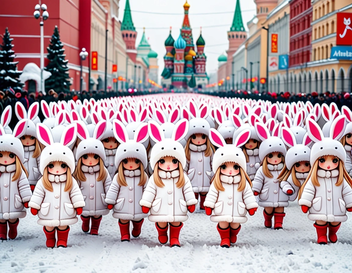 Cute kawaii chibi-style anthropomorphic bunny girls marching in dense multiple parallel rows on snowy Red Square in Moscow. Many ranks of adorable chibi rabbit girls with big…