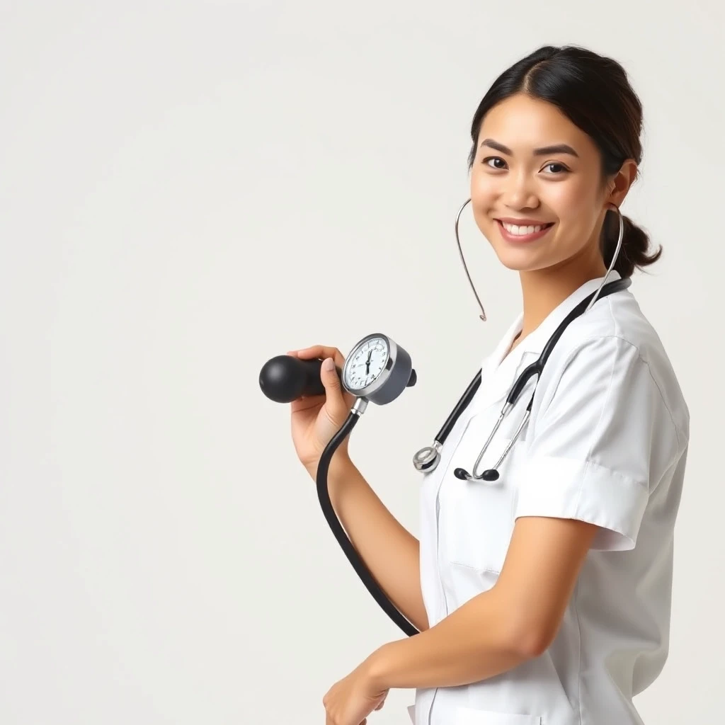 Professional vector graphics on a pristine white background. Nurse smiling, pressure measurement, heart health. — работа пользователя Радужный Чародей