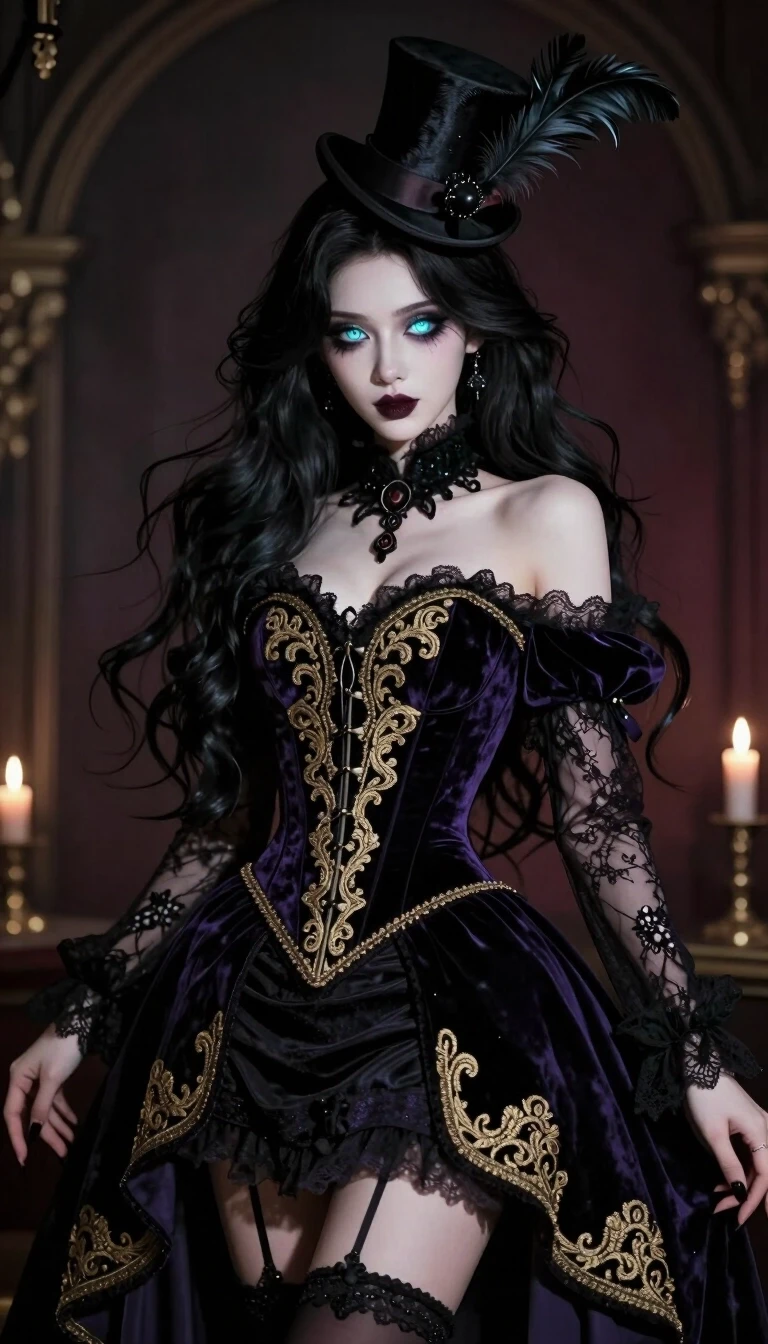 Visual novel character sprite style, elegant gothic fortune teller woman, "The Freak Circus" aesthetic, long flowing dark hair, mesmerizing glowing eyes, wearing an…