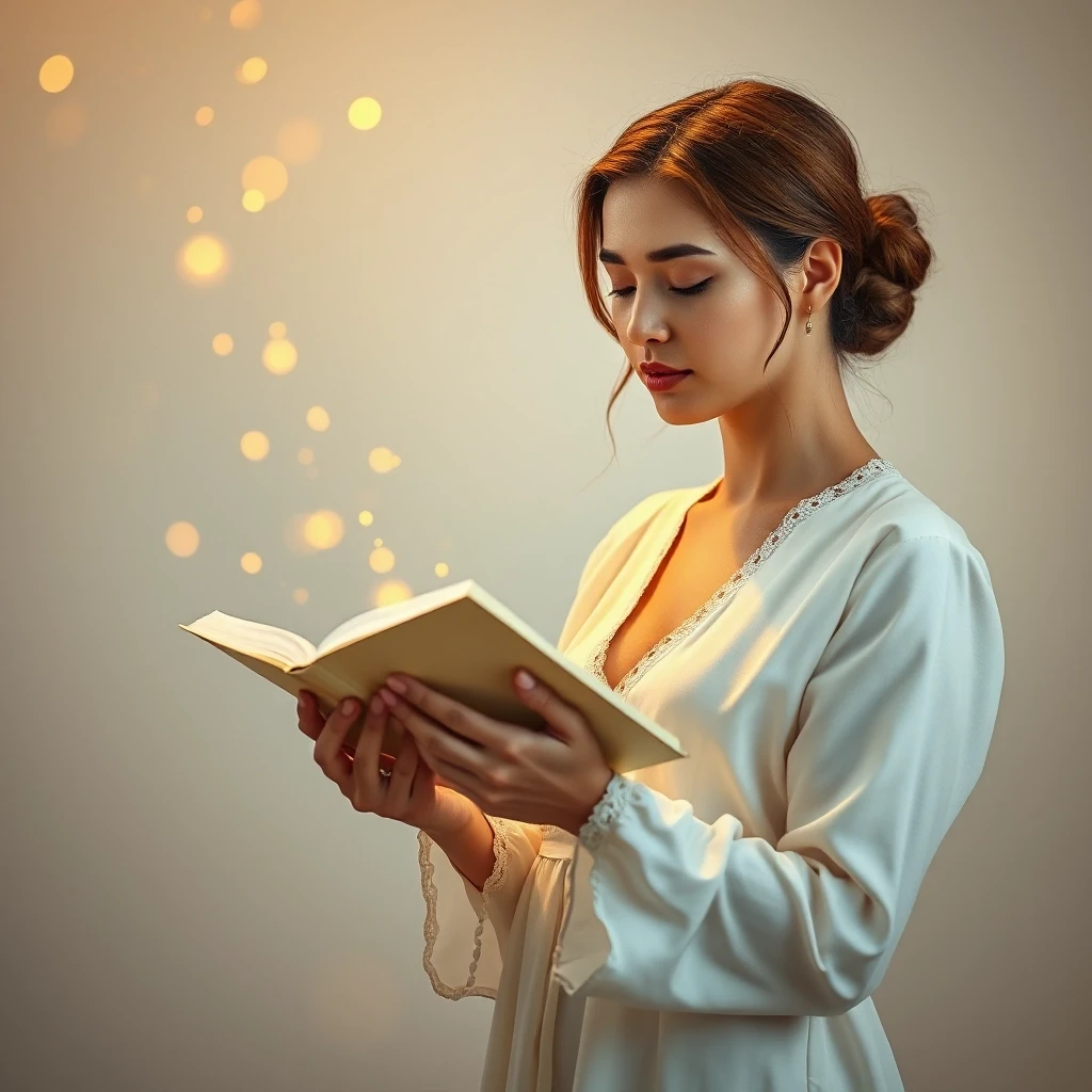 A beautiful woman standing in soft light, reading a prayer from an open book held in her hands. Gentle golden sparkles float in the air, creating a sense of sacred stillness and…