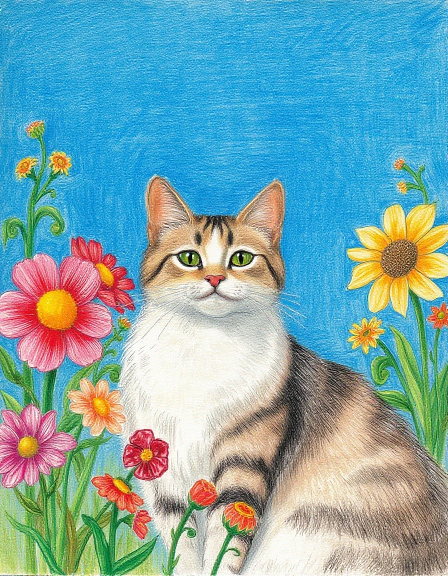 A masterpiece. Creating an image. ((The style is naive graphics in colored pencils. Children's drawing of flowers, summer, blue sky and a beautiful cat:1,6)). High…