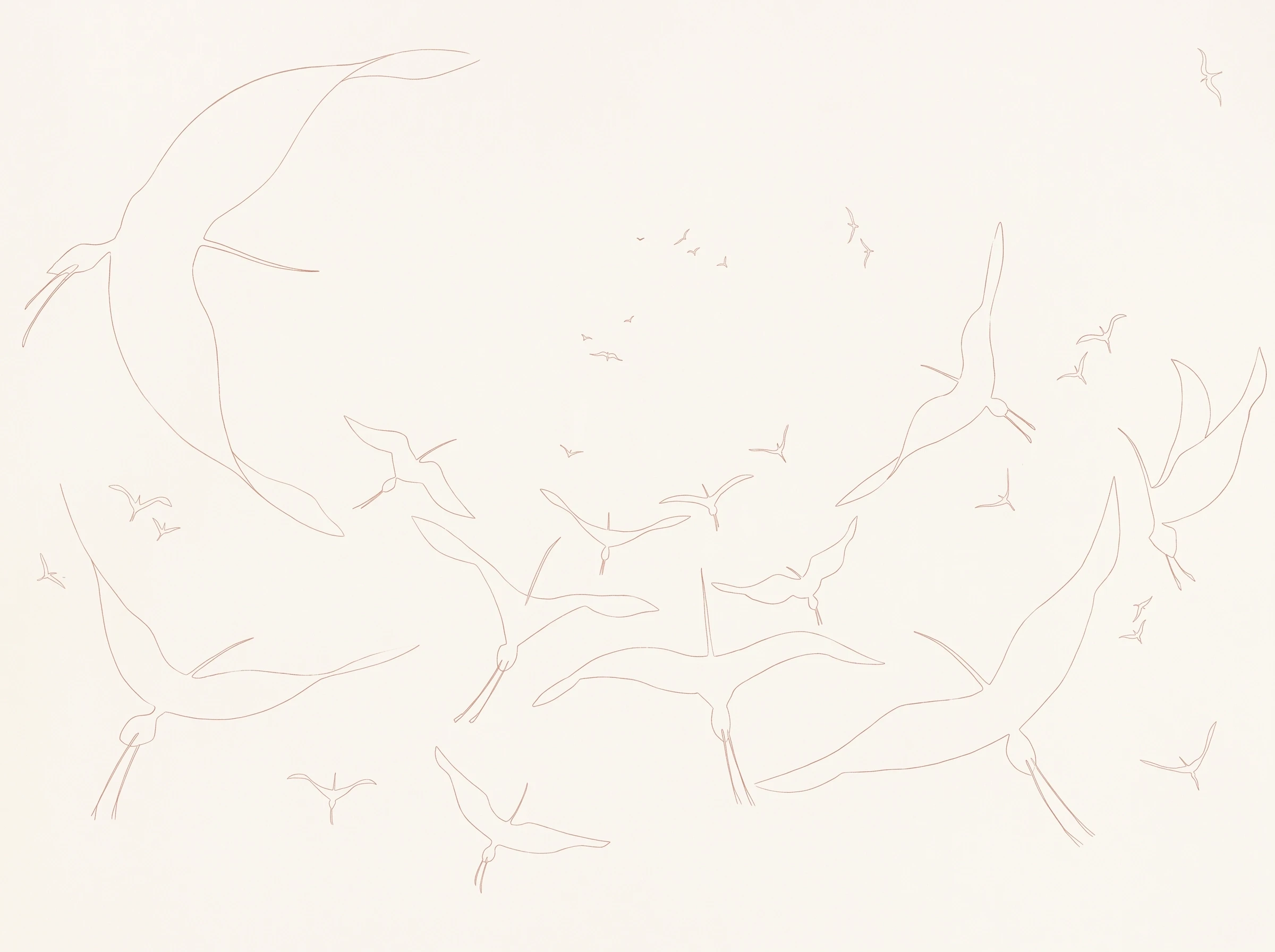 A minimalist artistic illustration in an elegant linear style, depicting a flock of birds soaring through an endless white expanse. The birds are captured in dynamic flight…