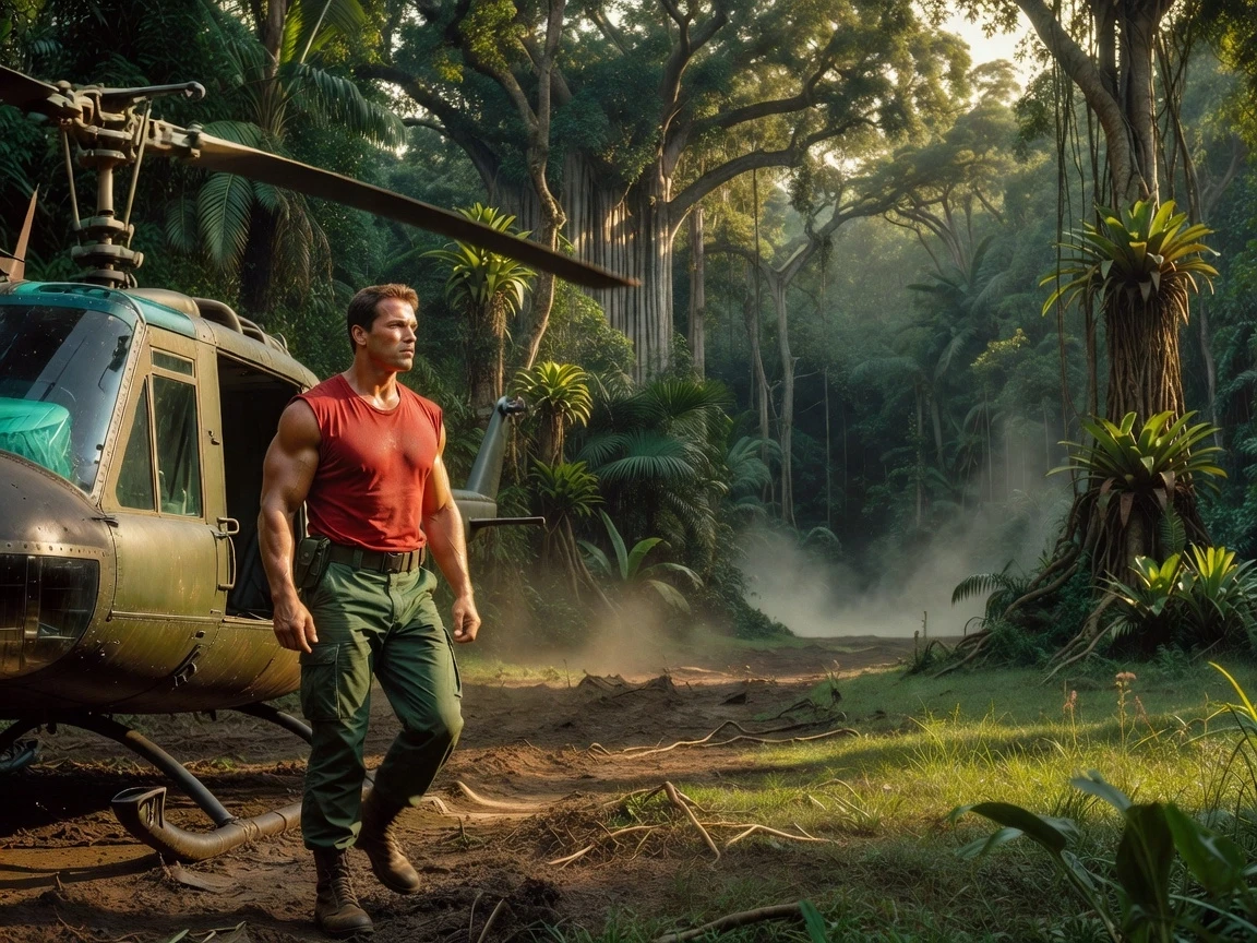 Arnold Schwarzenegger as Dutch from Predator (1987), stepping off a military helicopter, wearing a red sleeveless shirt and tactical green pants, looking intensely at the dense…