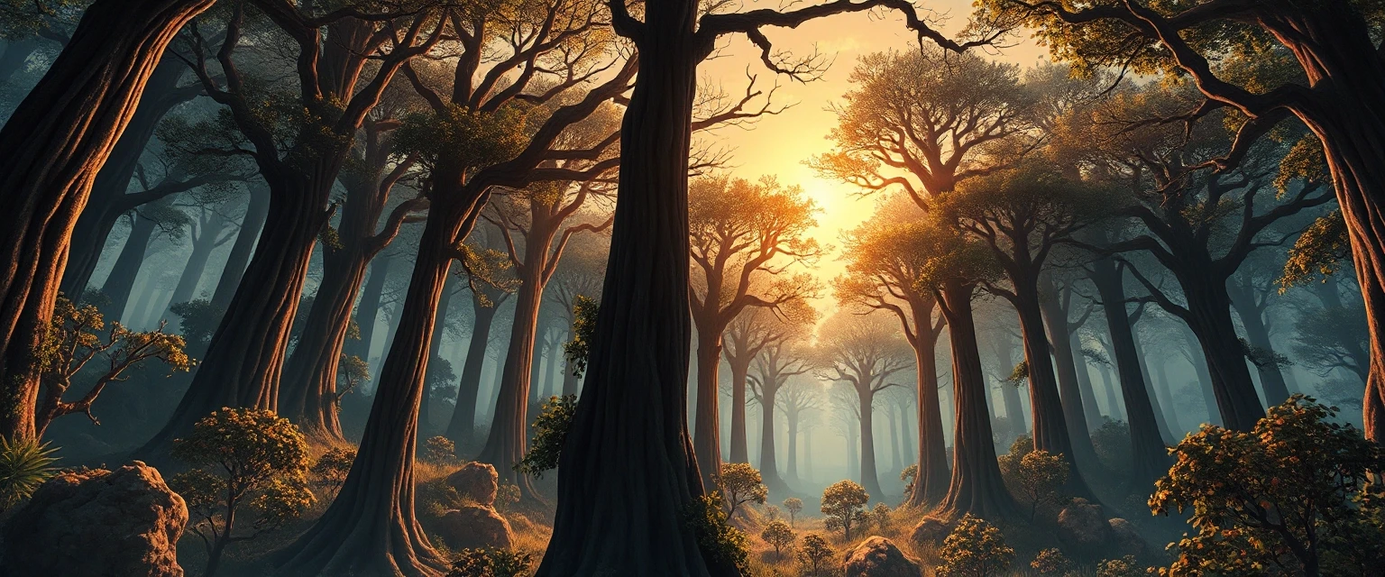 (designed by Hiromu Arakawa:0.9) , Cinematic still, landscape of a Unappealing Vile Radiant Forest from inside of a Dungeon, at Sunrise, Illustration, Flustered, Atompunk,…
