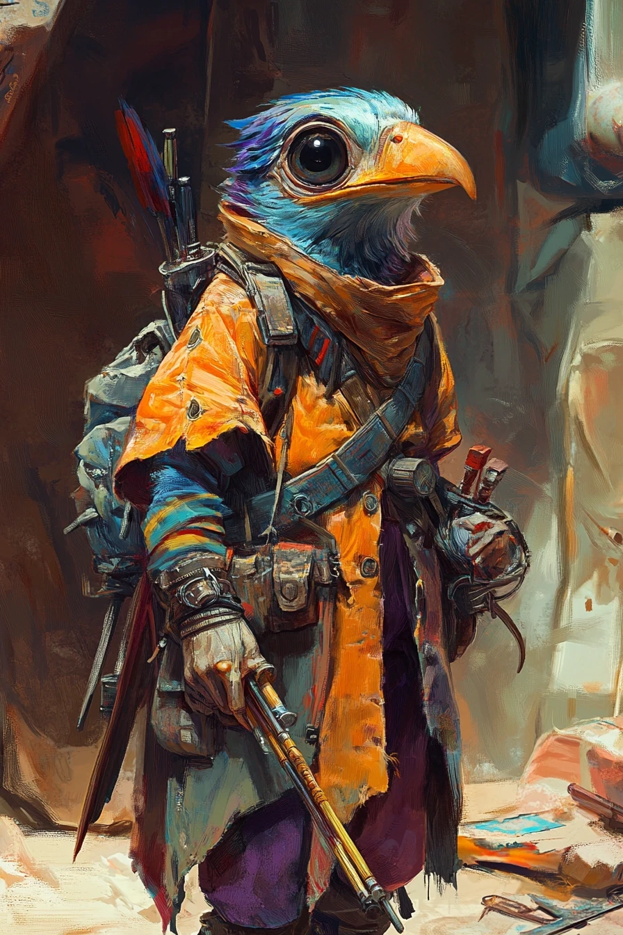 Fantasy character portrait, male kenku (bird person), small size, wearing oversized colorful coverall with many pockets, holding self-made spoon crossbow, big curious eyes,…