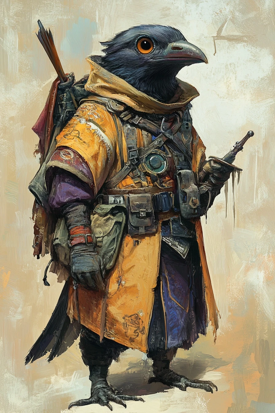 Fantasy character portrait, male kenku (bird person), small size, wearing oversized colorful coverall with many pockets, holding self-made spoon crossbow, big curious eyes,…