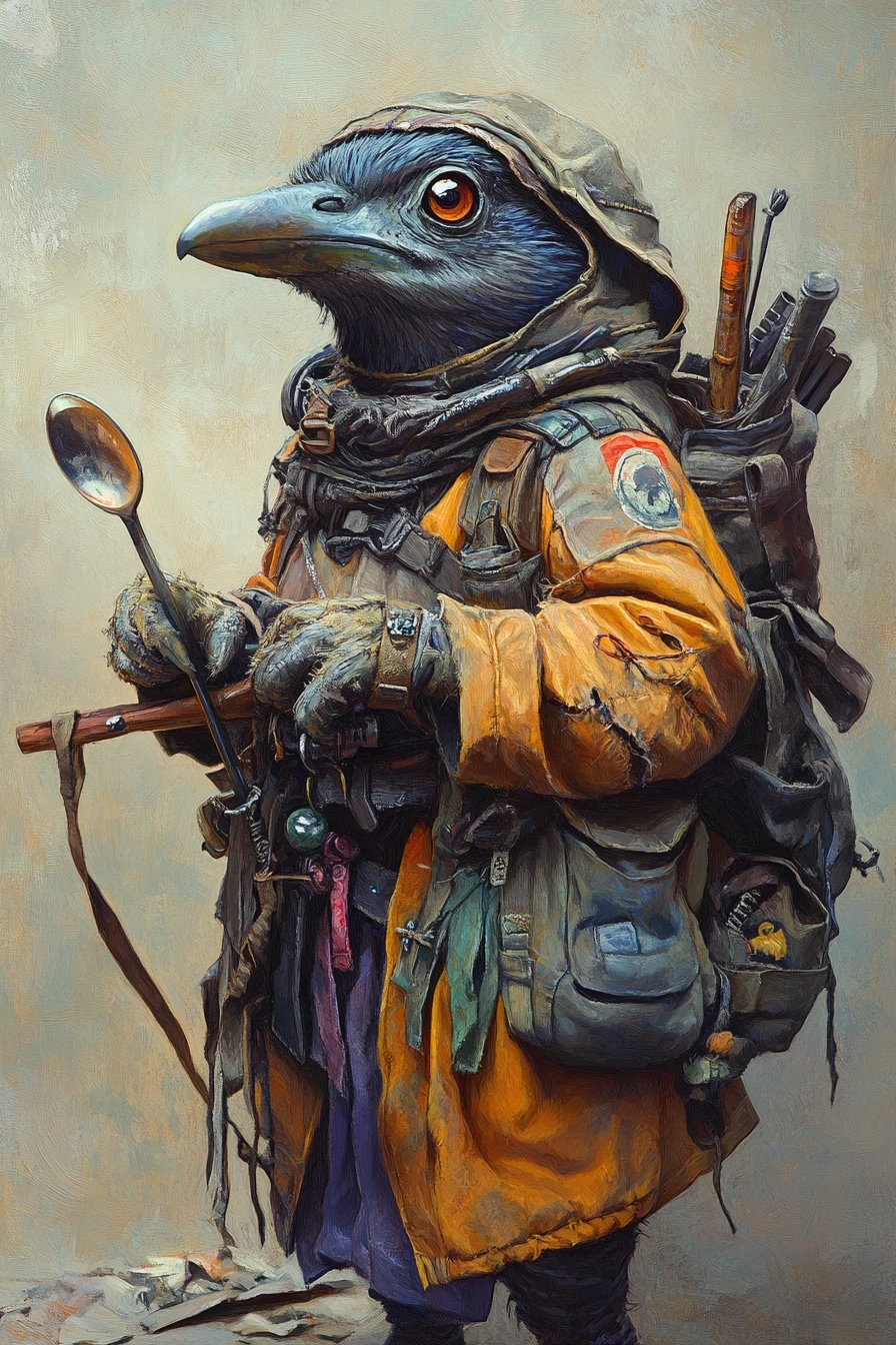 Fantasy character portrait, male kenku (bird person), small size, wearing oversized colorful coverall with many pockets, holding self-made spoon crossbow, big curious eyes,…