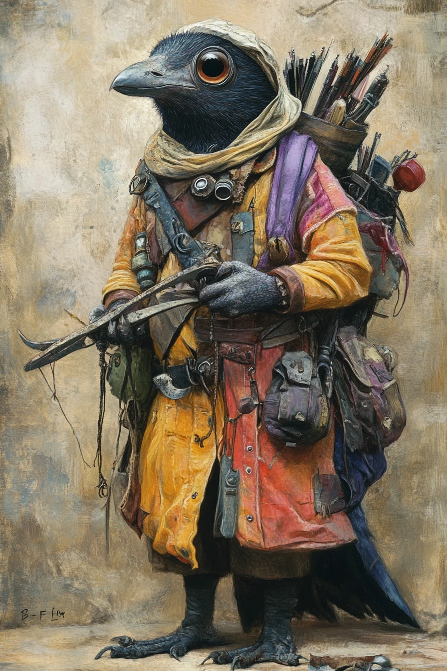 Fantasy character portrait, male kenku (bird person), small size, wearing oversized colorful coverall with many pockets, holding self-made spoon crossbow, big curious eyes,…