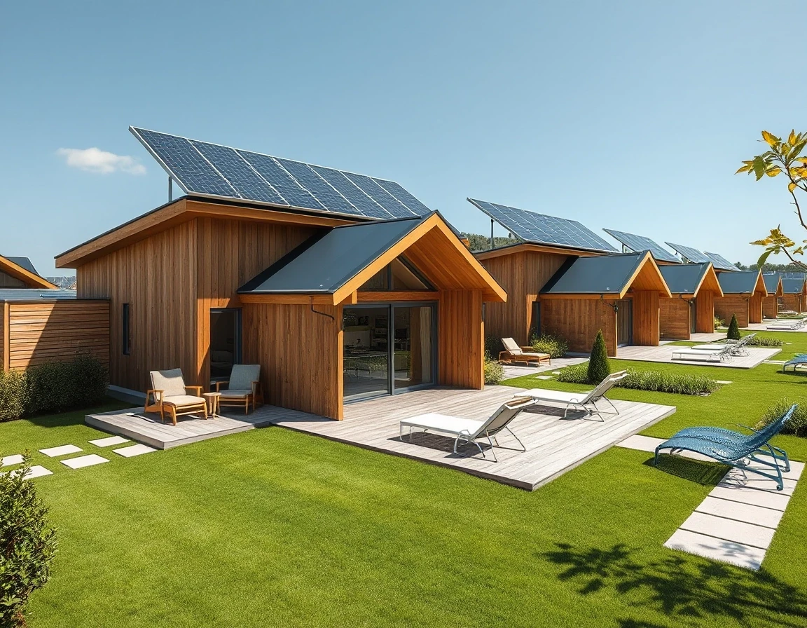 Wide-angle architectural photo of a modern cottage village for tourists. High-tech single-story frame houses with flat roofs, advanced solar panel arrays on top. Open terraces…