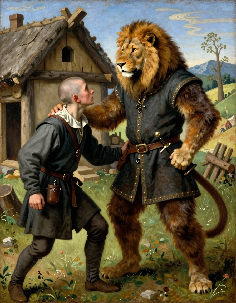 Create an image in the style of a medieval oil painting: a forty-year-old furry with a human body and a leonine head, grabs a young thief by the shirt collar with his left hand.…